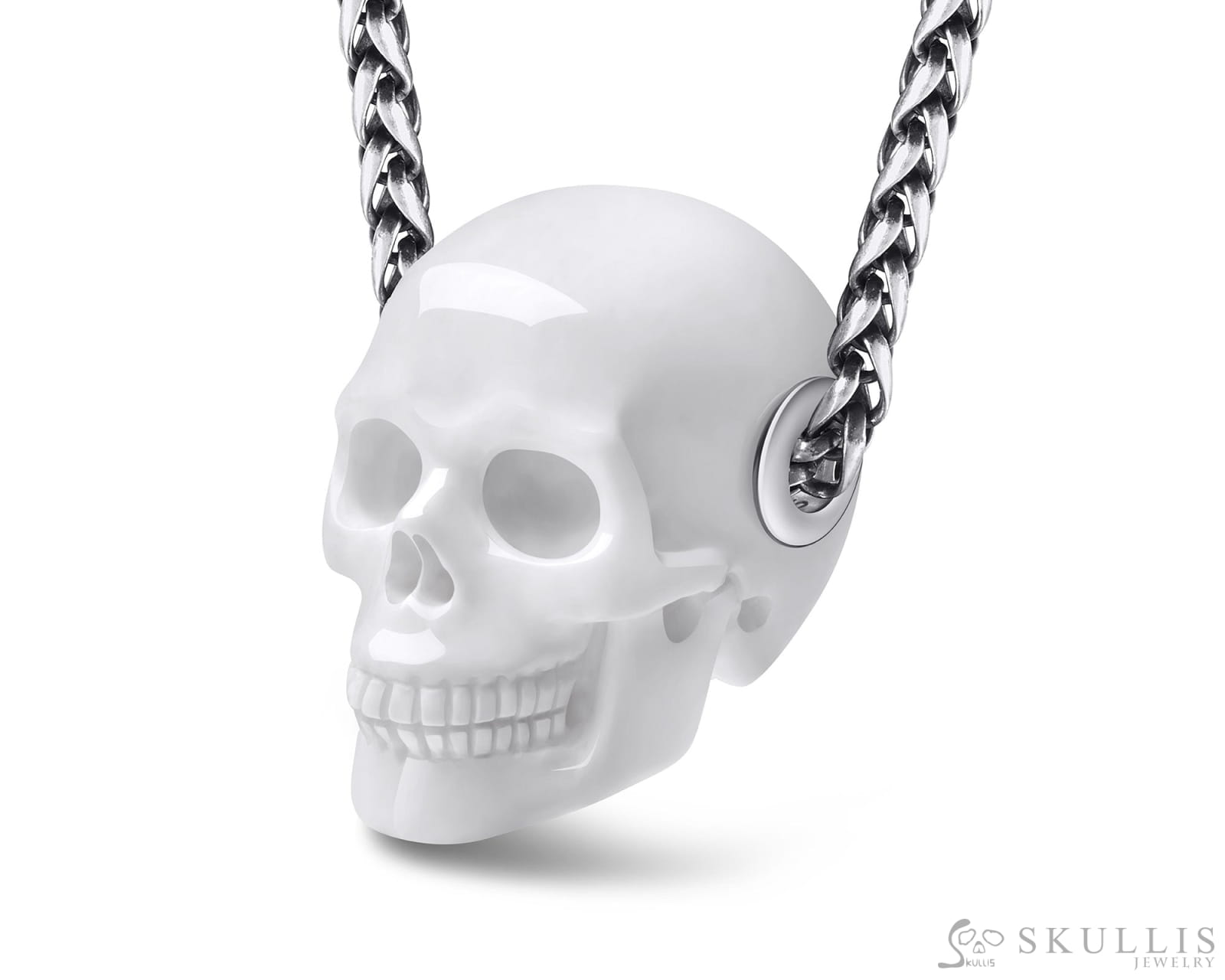 Skullis Signature White Jasper Gem Skull Pendant or Necklace Hand Carved Sterling Silver 925 Chain for Women & Men