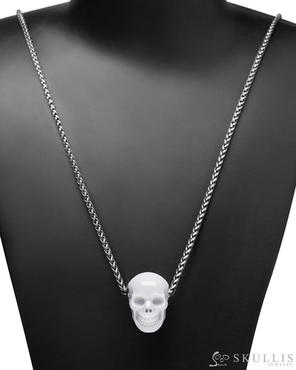 Skullis Signature White Jasper Gem Skull Pendant or Necklace Hand Carved Sterling Silver 925 Chain for Women & Men