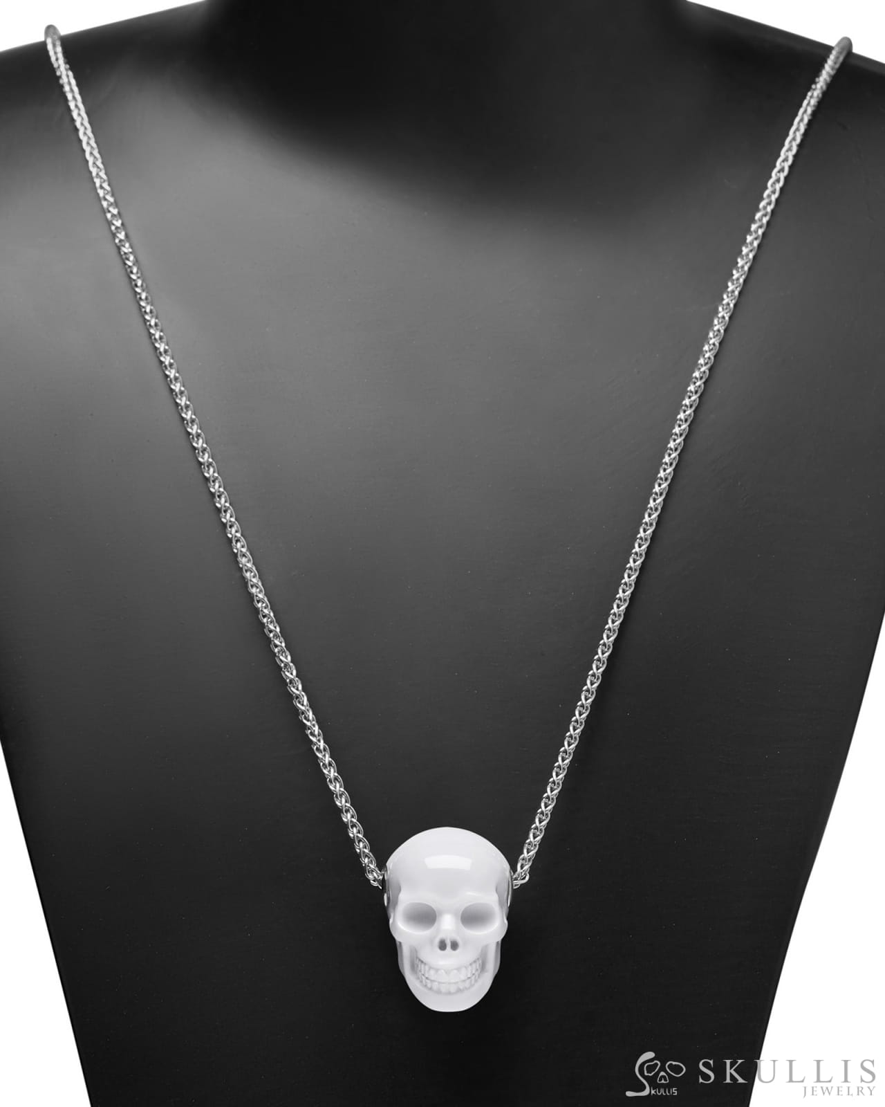 Skullis Signature White Jasper Gem Skull Pendant or Necklace Hand Carved Sterling Silver 925 Chain for Women & Men