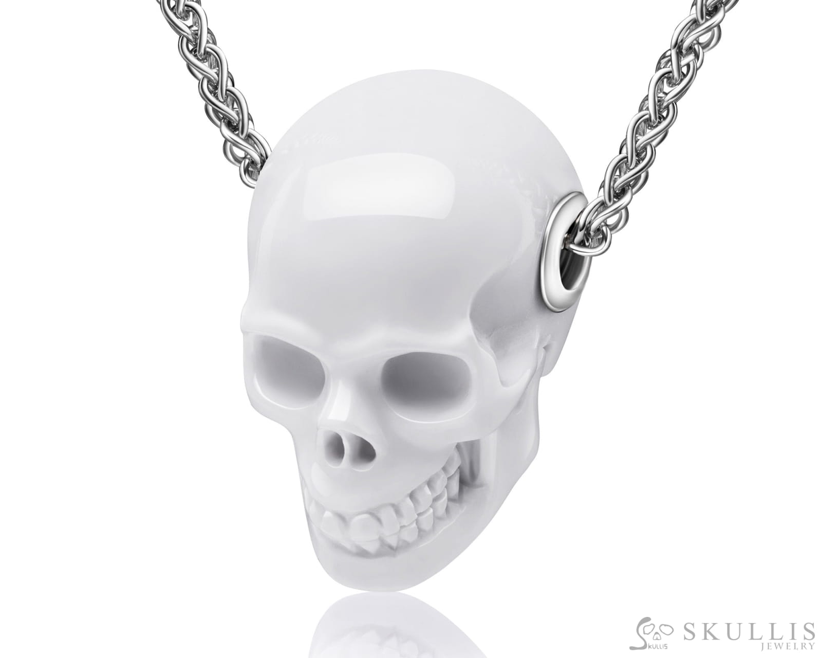 Skullis Signature White Jasper Gem Skull Pendant Or Necklace Hand Carved Sterling Silver.925 Chain