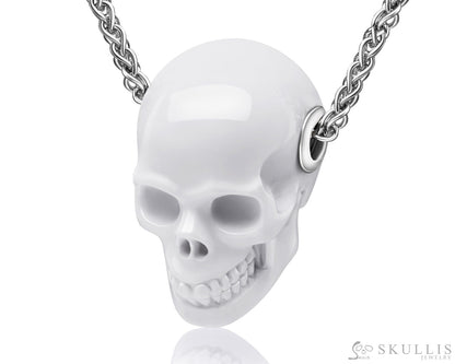 Skullis Signature White Jasper Gem Skull Pendant Or Necklace Hand Carved Sterling Silver.925 Chain