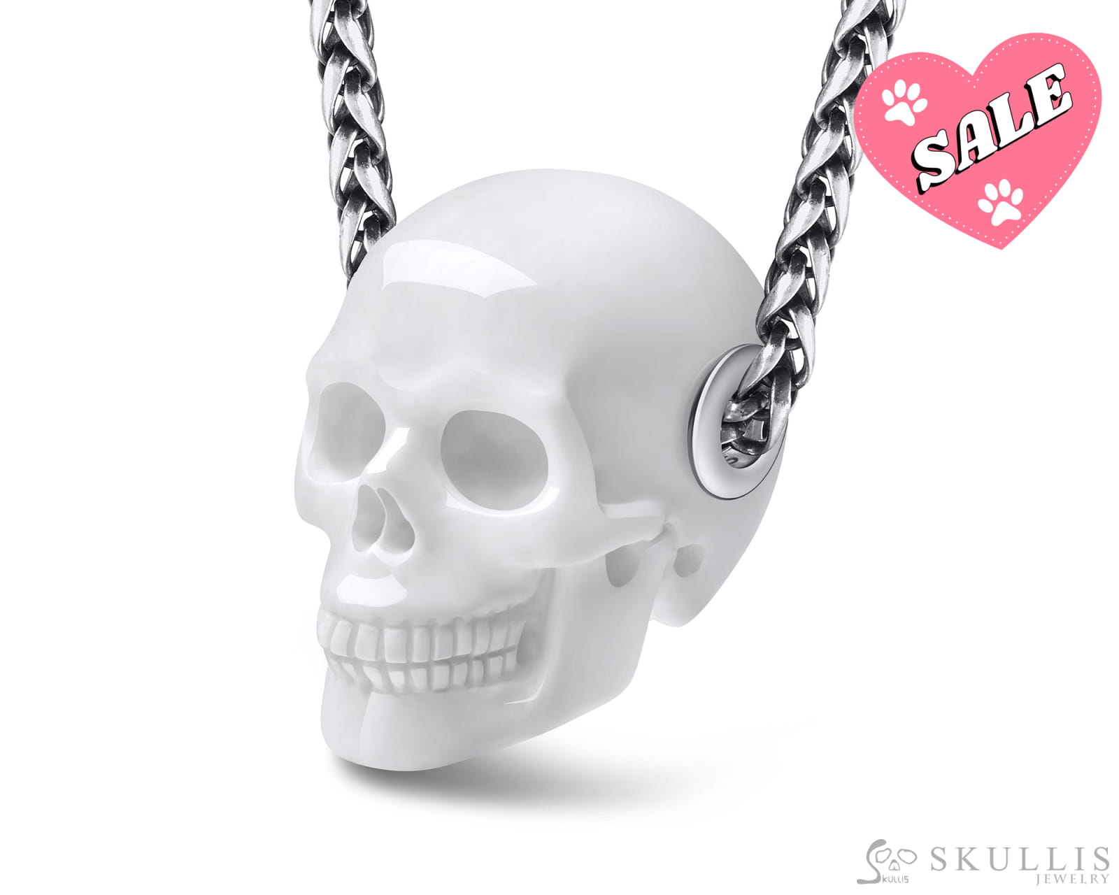 Skullis Signature White Jasper Gem Skull Pendant or Necklace Hand Carved Sterling Silver 925 Chain for Women & Men