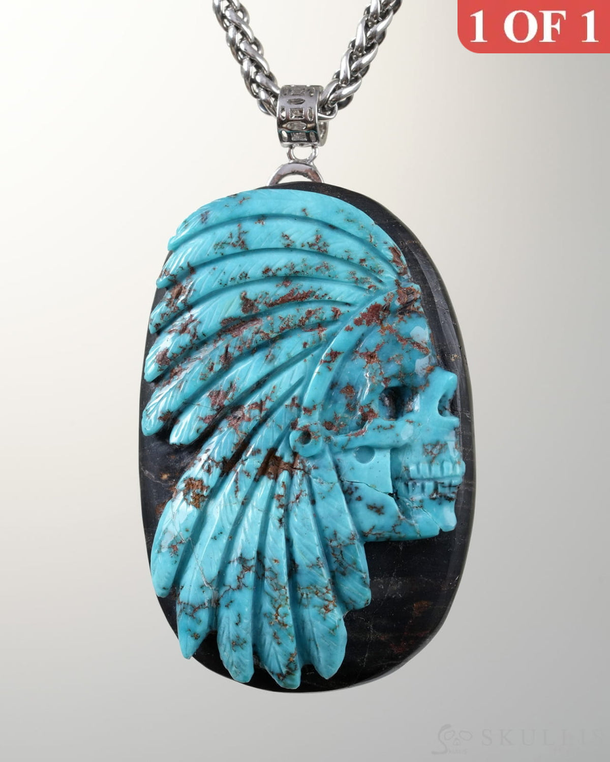 Skullis Signature Spiderweb Turquoise Gem Indian Skull Pendant or Necklace Hand Carved Sterling Silver 925 Chain for