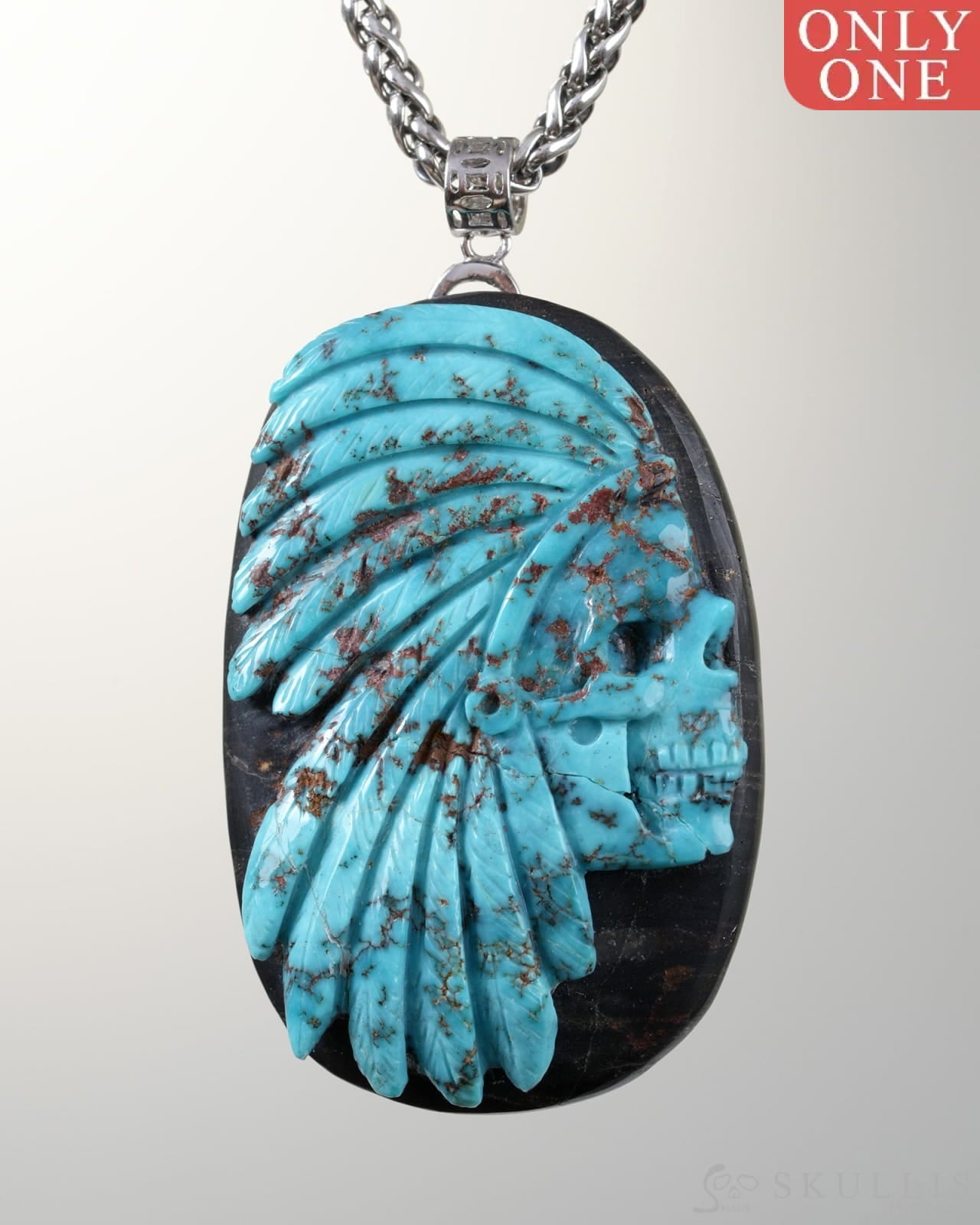 Skullis Signature Spiderweb Turquoise Gem Indian Skull Pendant or Necklace Hand Carved Sterling Silver 925 Chain for