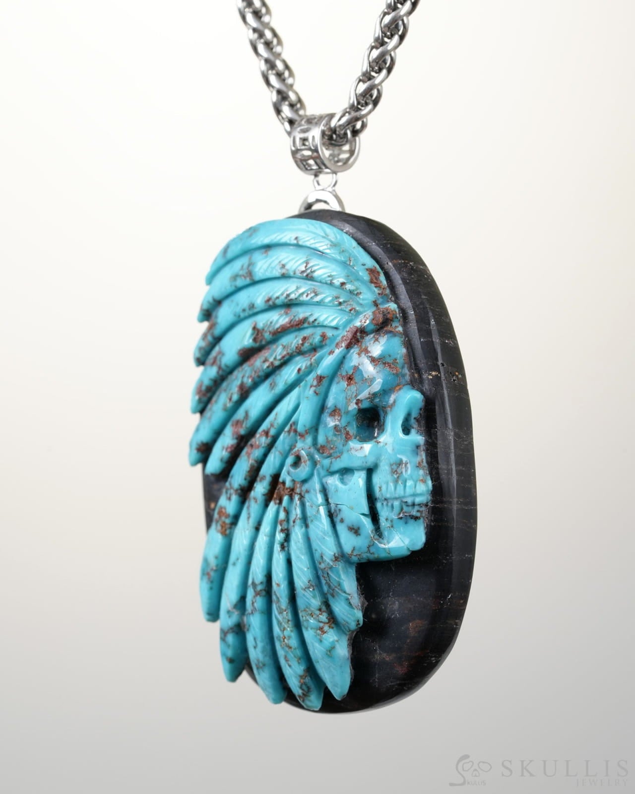 Skullis Signature Spiderweb Turquoise Gem Indian Skull Pendant or Necklace Hand Carved Sterling Silver 925 Chain for