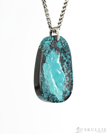 Skullis Spiderweb Turquoise (Matrix Turquoise) Gem Lion Pendant or Necklace Hand Carved for Women & Men - 9900493