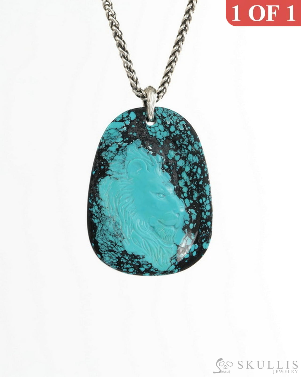 Skullis Spiderweb Turquoise (Matrix Turquoise) Gem Lion Pendant or Necklace Hand Carved for Women & Men - 9900493