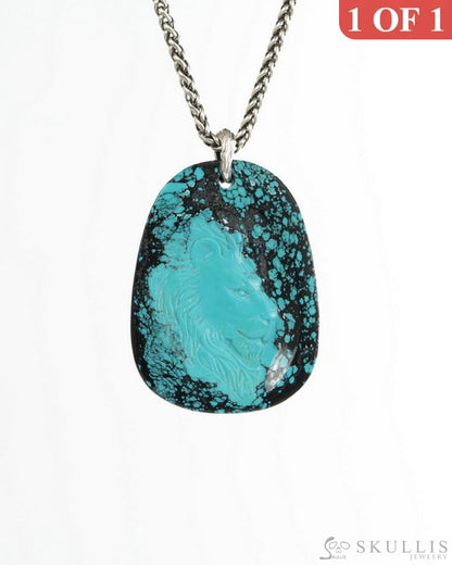 Skullis Spiderweb Turquoise (Matrix Turquoise) Gem Lion Pendant or Necklace Hand Carved for Women & Men - 9900493