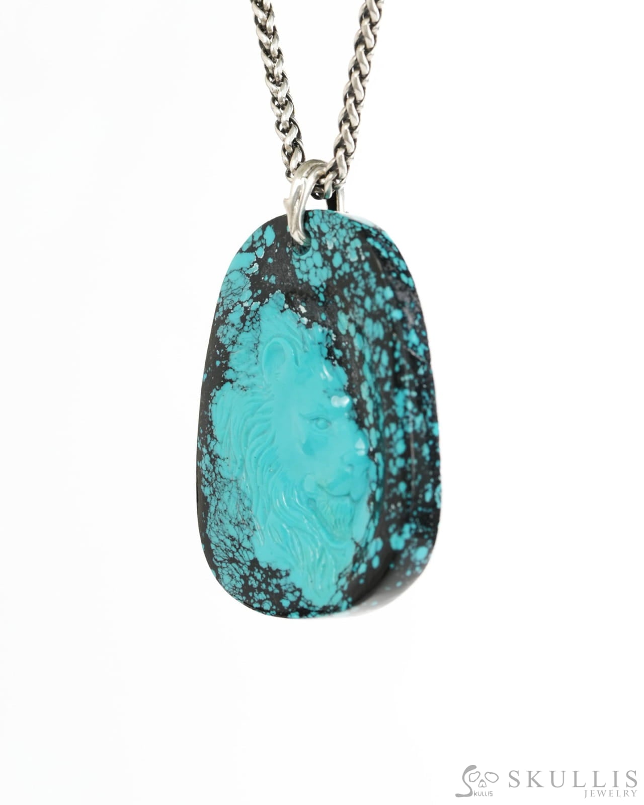 Skullis Spiderweb Turquoise (Matrix Turquoise) Gem Lion Pendant or Necklace Hand Carved for Women & Men - 9900493