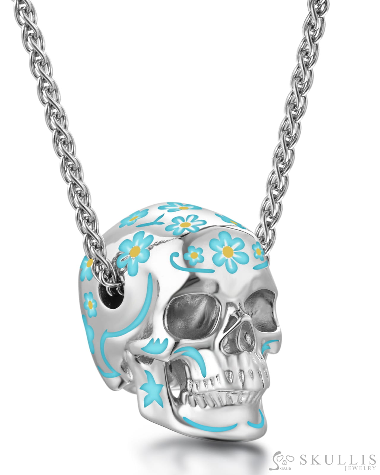 Skullis Sterling Silver Skull Pendant or Necklace with Blue Cloisonné Enamel Sterling Silver 925 Chain for Women & Men