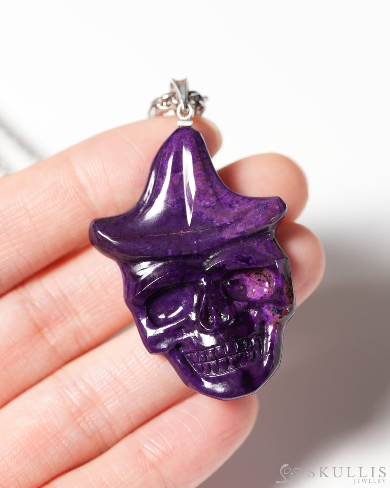 Skullis Signature Sugilite Gem Skull Pendant or Necklace Hand Carved Sterling Silver 925 Chain for Women & Men Merry