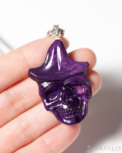 Skullis Signature Sugilite Gem Skull Pendant or Necklace Hand Carved Sterling Silver 925 Chain for Women & Men Merry
