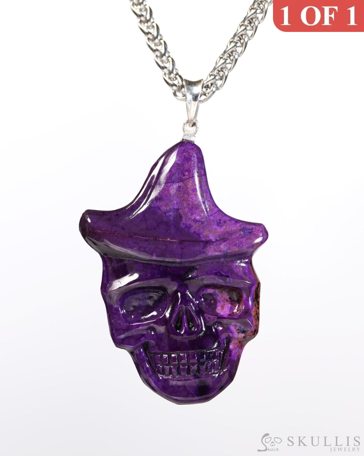 Skullis Signature Sugilite Gem Skull Pendant or Necklace Hand Carved Sterling Silver 925 Chain for Women & Men Merry