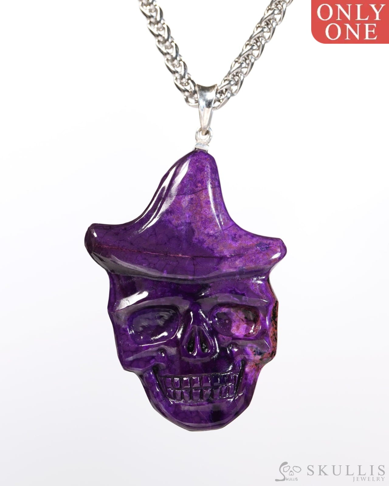 Skullis Signature Sugilite Gem Skull Pendant or Necklace Hand Carved Sterling Silver 925 Chain for Women & Men Merry