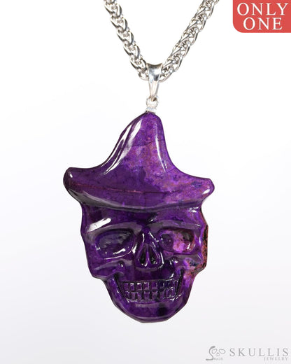 Skullis Signature Sugilite Gem Skull Pendant or Necklace Hand Carved Sterling Silver 925 Chain for Women & Men Merry