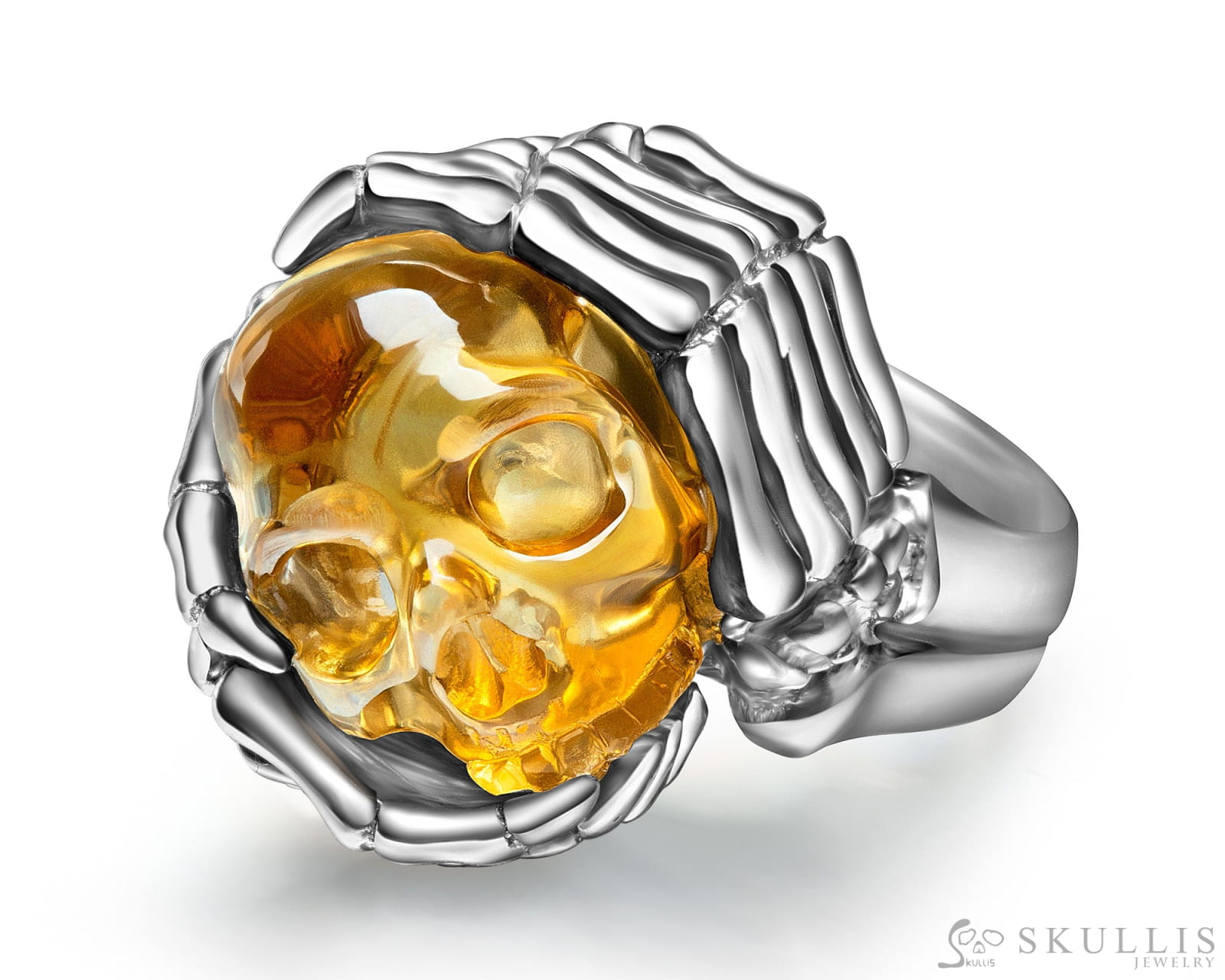 Gem Skull Ring of Citrine Carved Skull with Silver Skeletal Hands in 925 Sterling Silver Skull Rings