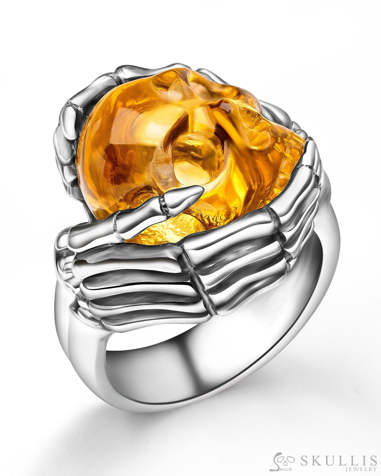 Gem Skull Ring of Citrine Carved Skull with Silver Skeletal Hands in 925 Sterling Silver Skull Rings