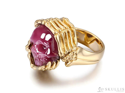 Gem Skull Ring of Ruby Carved Skull with Skeletal Hands in 18k Gold Skull Rings