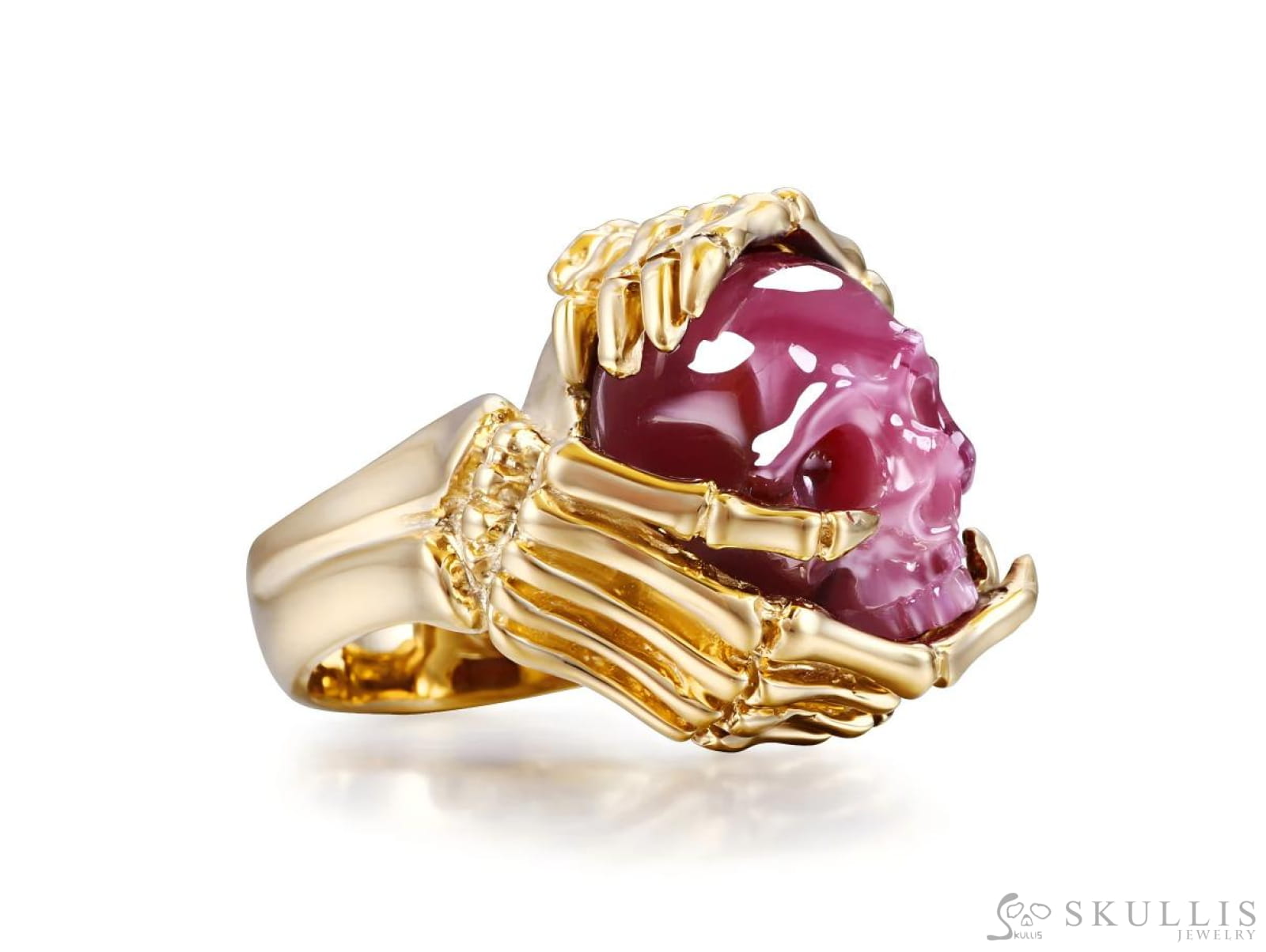 Gem Skull Ring of Ruby Carved Skull with Skeletal Hands in 18k Gold Skull Rings
