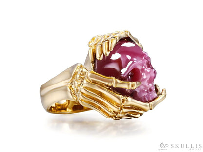 Gem Skull Ring of Ruby Carved Skull with Skeletal Hands in 18k Gold Skull Rings