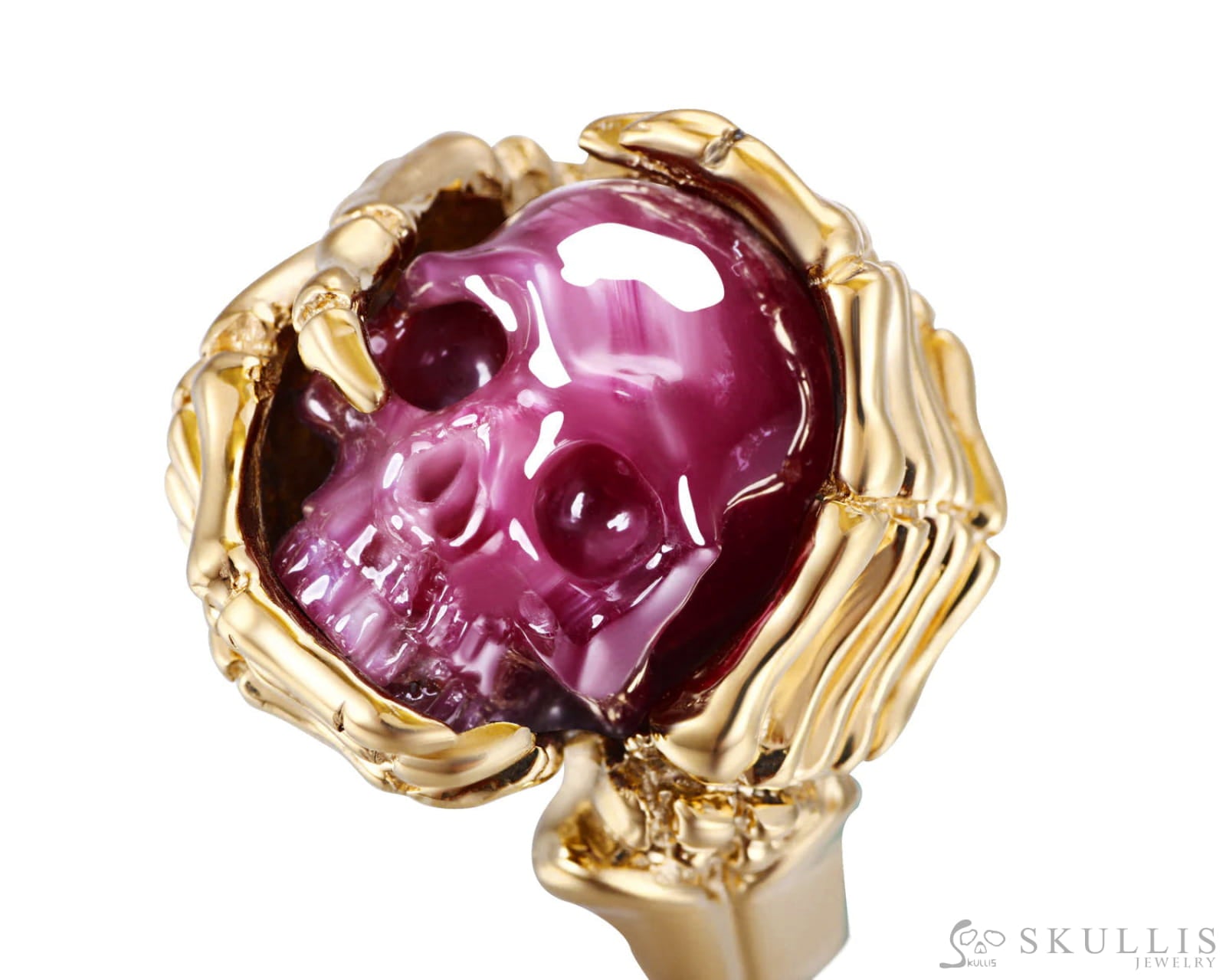 Gem Skull Ring of Ruby Carved Skull with Skeletal Hands in 18k Gold Skull Rings