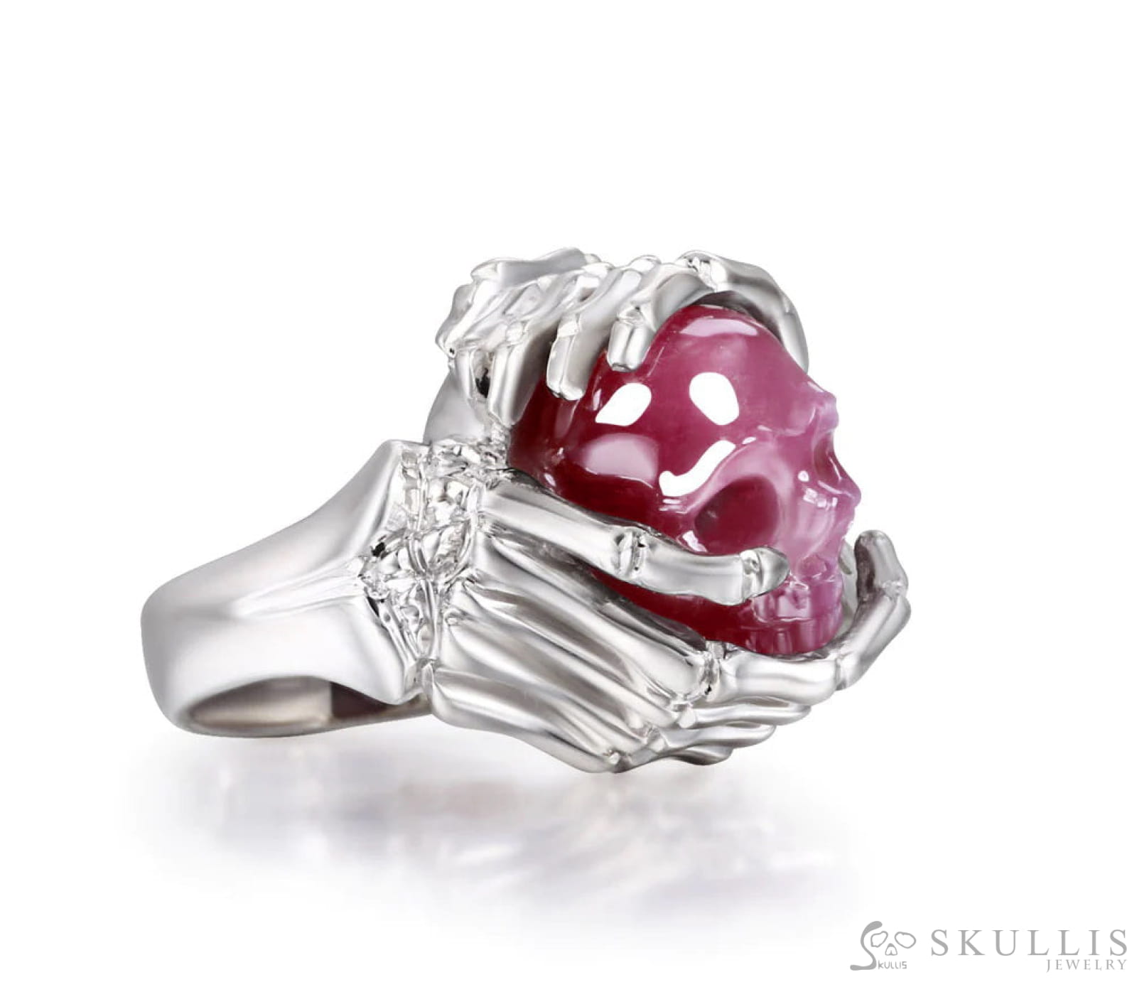 Gem Skull Ring of Ruby Carved Skull with Skeletal Hands in 925 Sterling Silver Skull Rings