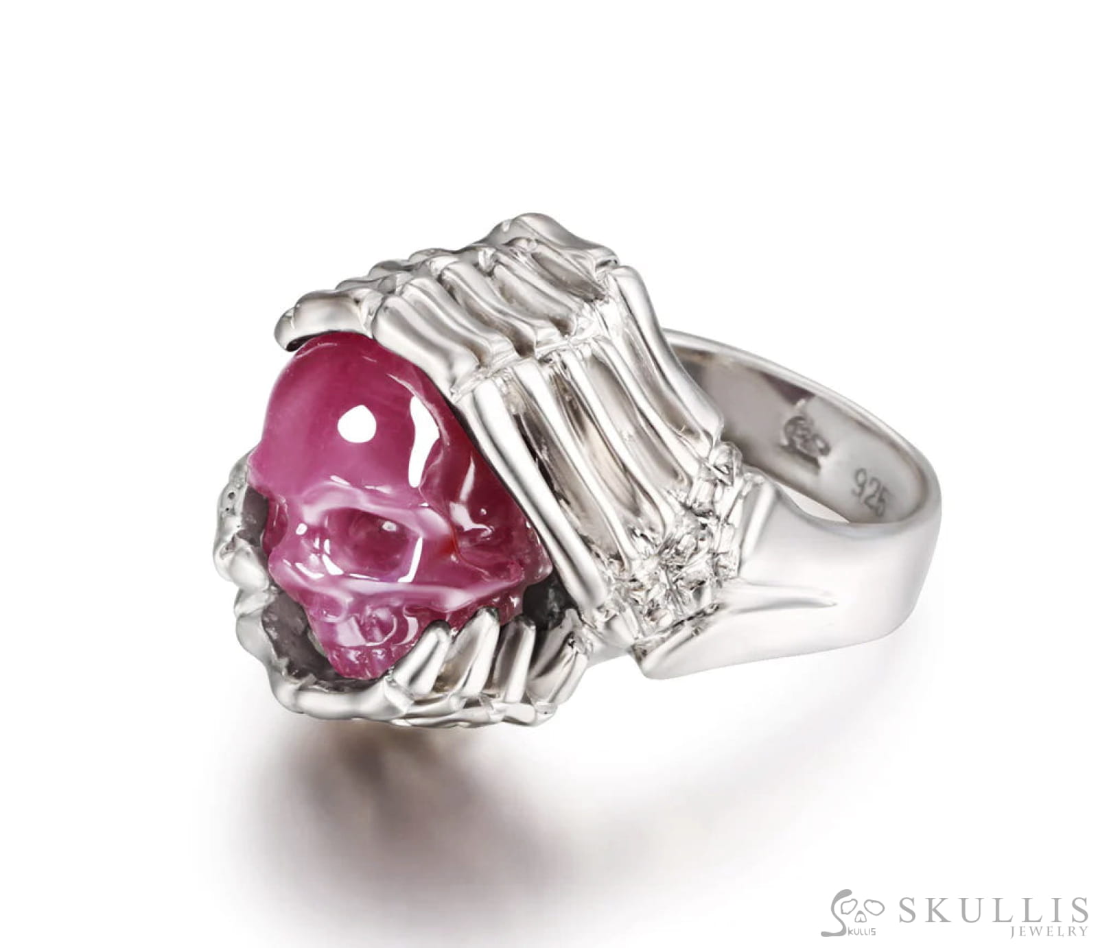 Gem Skull Ring of Ruby Carved Skull with Skeletal Hands in 925 Sterling Silver Skull Rings