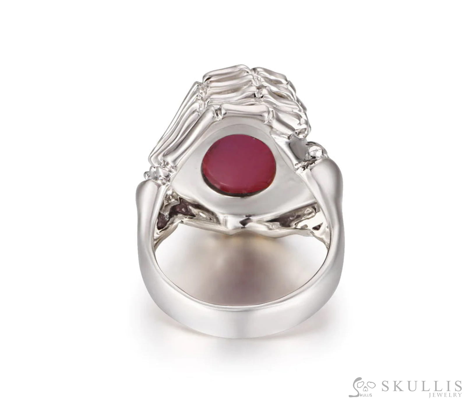 Gem Skull Ring of Ruby Carved Skull with Skeletal Hands in 925 Sterling Silver Skull Rings