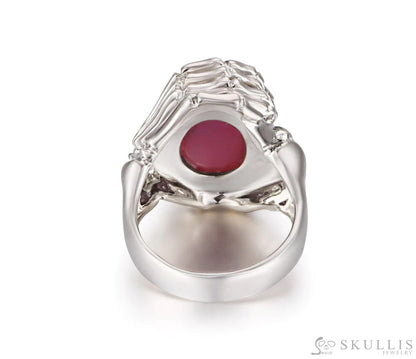 Gem Skull Ring of Ruby Carved Skull with Skeletal Hands in 925 Sterling Silver Skull Rings