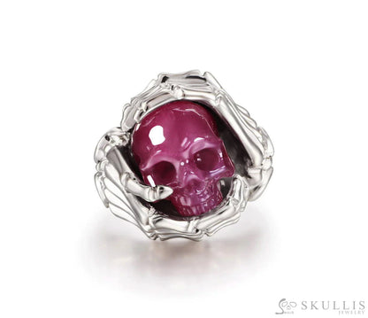 Gem Skull Ring of Ruby Carved Skull with Skeletal Hands in 925 Sterling Silver Skull Rings