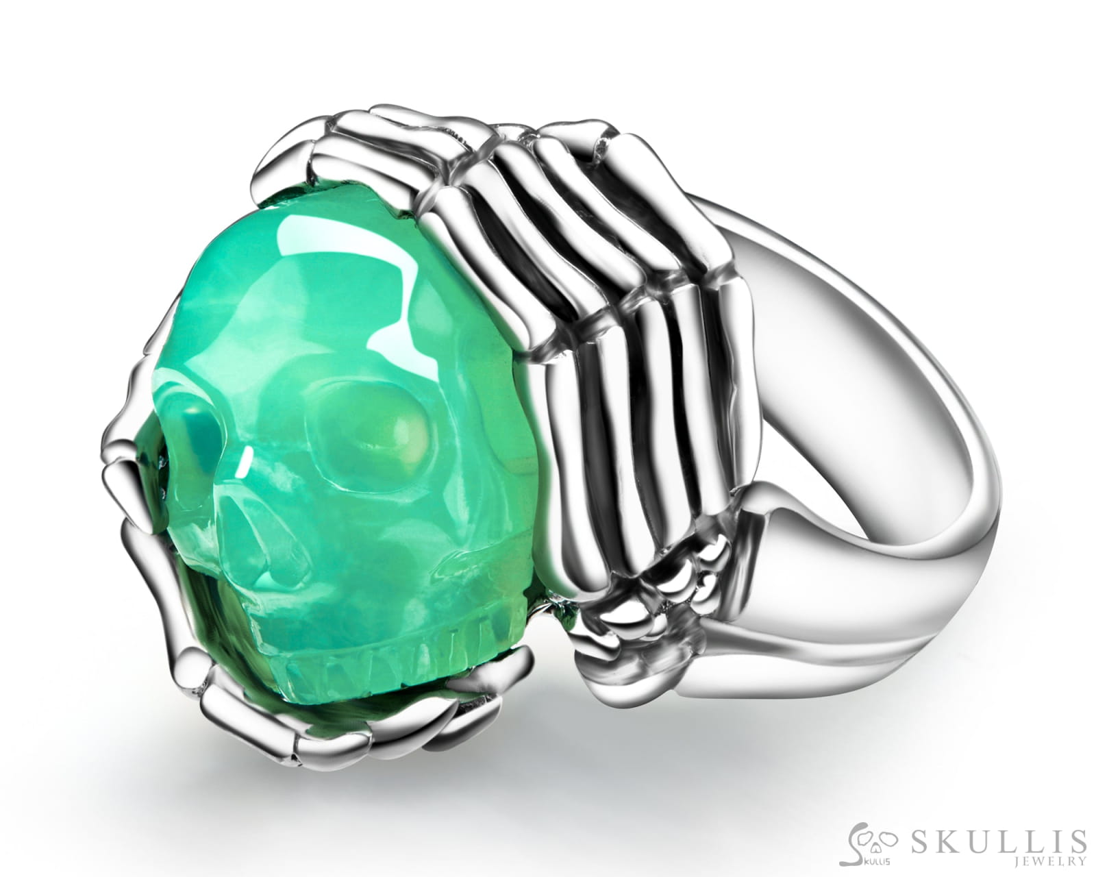 Gem Skull Ring Of Chrysoprase Carved Skull With Silver Skeletal