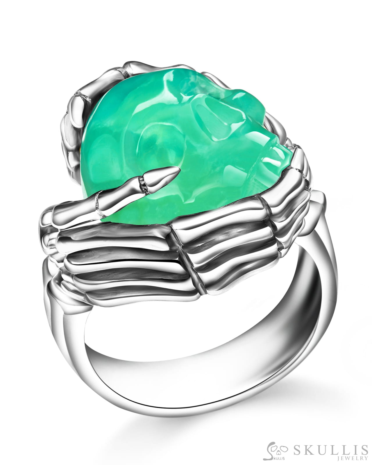 Gem Skull Ring Of Chrysoprase Carved Skull With Silver Skeletal