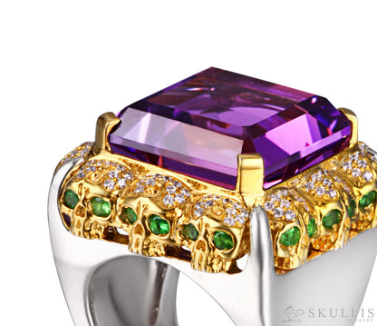 Square of Fate - Gem Skull Ring of Amethyst Carved with Skull Diamond Skulls in 925 Sterling Silver - Skull Rings