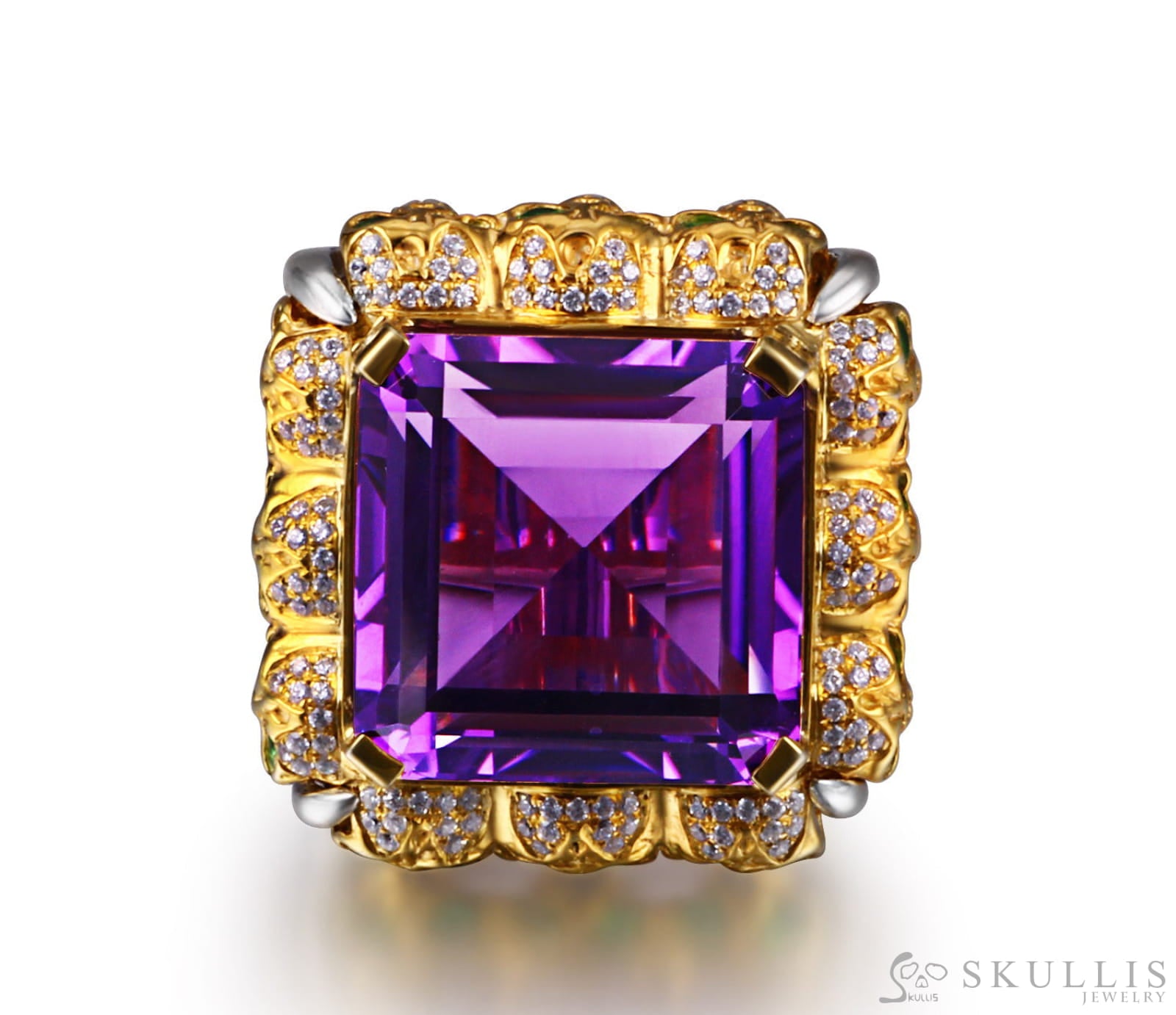 Square of Fate - Gem Skull Ring of Amethyst Carved with Skull Diamond Skulls in 925 Sterling Silver - Skull Rings