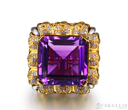 Square of Fate - Gem Skull Ring of Amethyst Carved with Skull Diamond Skulls in 925 Sterling Silver - Skull Rings