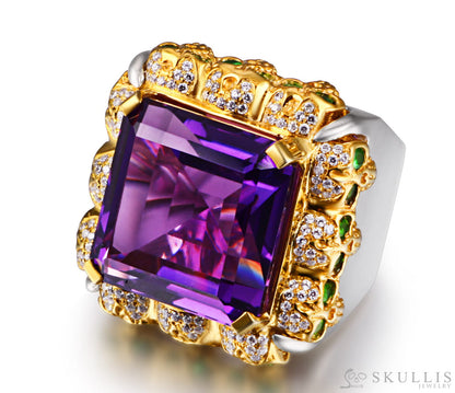 Square of Fate - Gem Skull Ring of Amethyst Carved with Skull Diamond Skulls in 925 Sterling Silver - Skull Rings