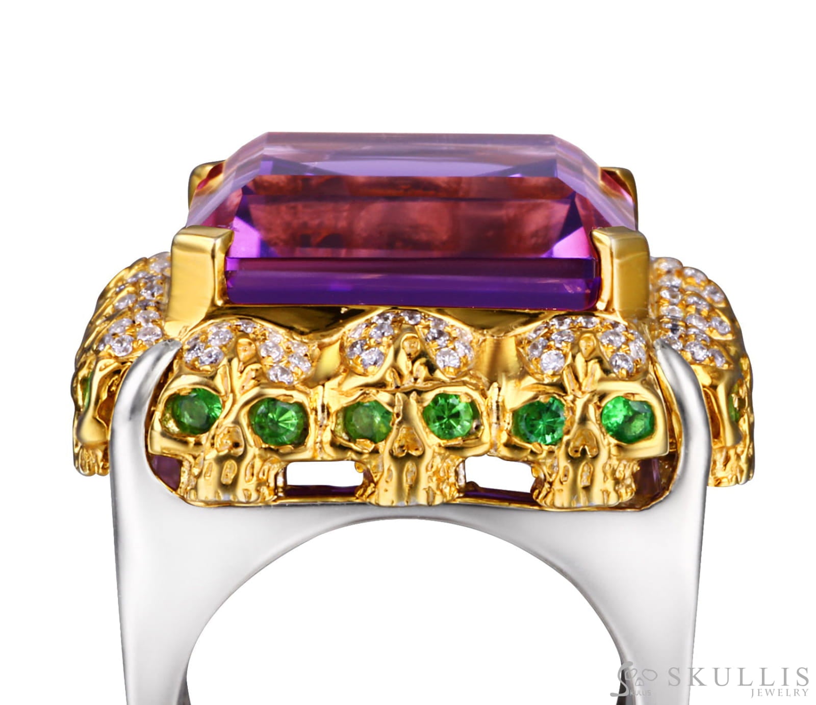 Square of Fate - Gem Skull Ring of Amethyst Carved with Skull Diamond Skulls in 925 Sterling Silver - Skull Rings