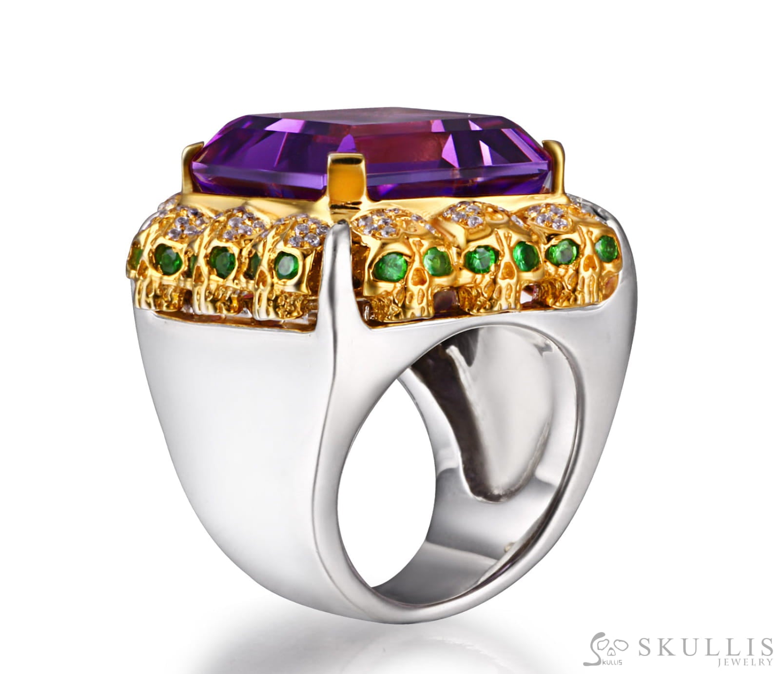 Square of Fate - Gem Skull Ring of Amethyst Carved with Skull Diamond Skulls in 925 Sterling Silver - Skull Rings