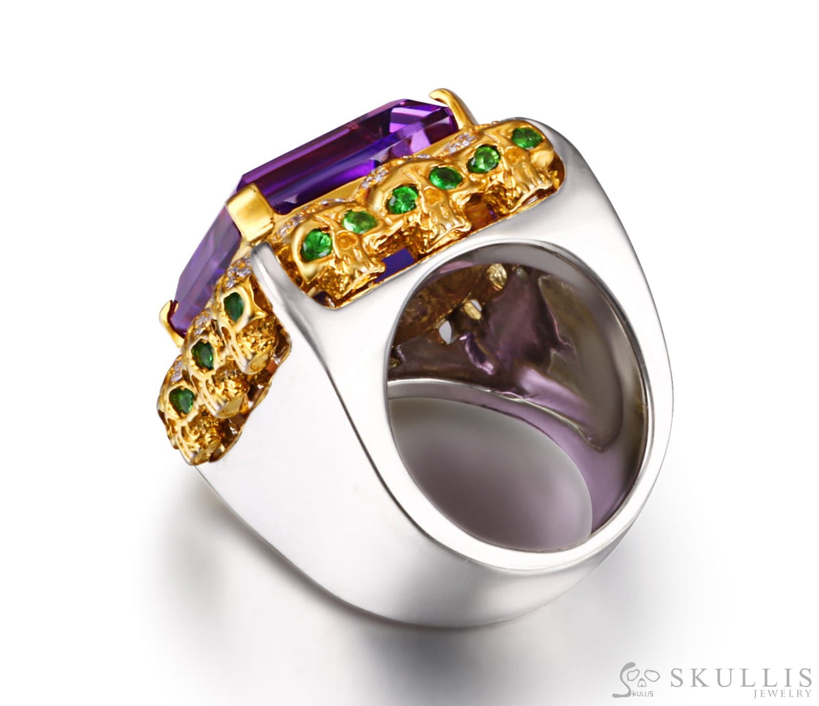 Square of Fate - Gem Skull Ring of Amethyst Carved with Skull Diamond Skulls in 925 Sterling Silver - Skull Rings