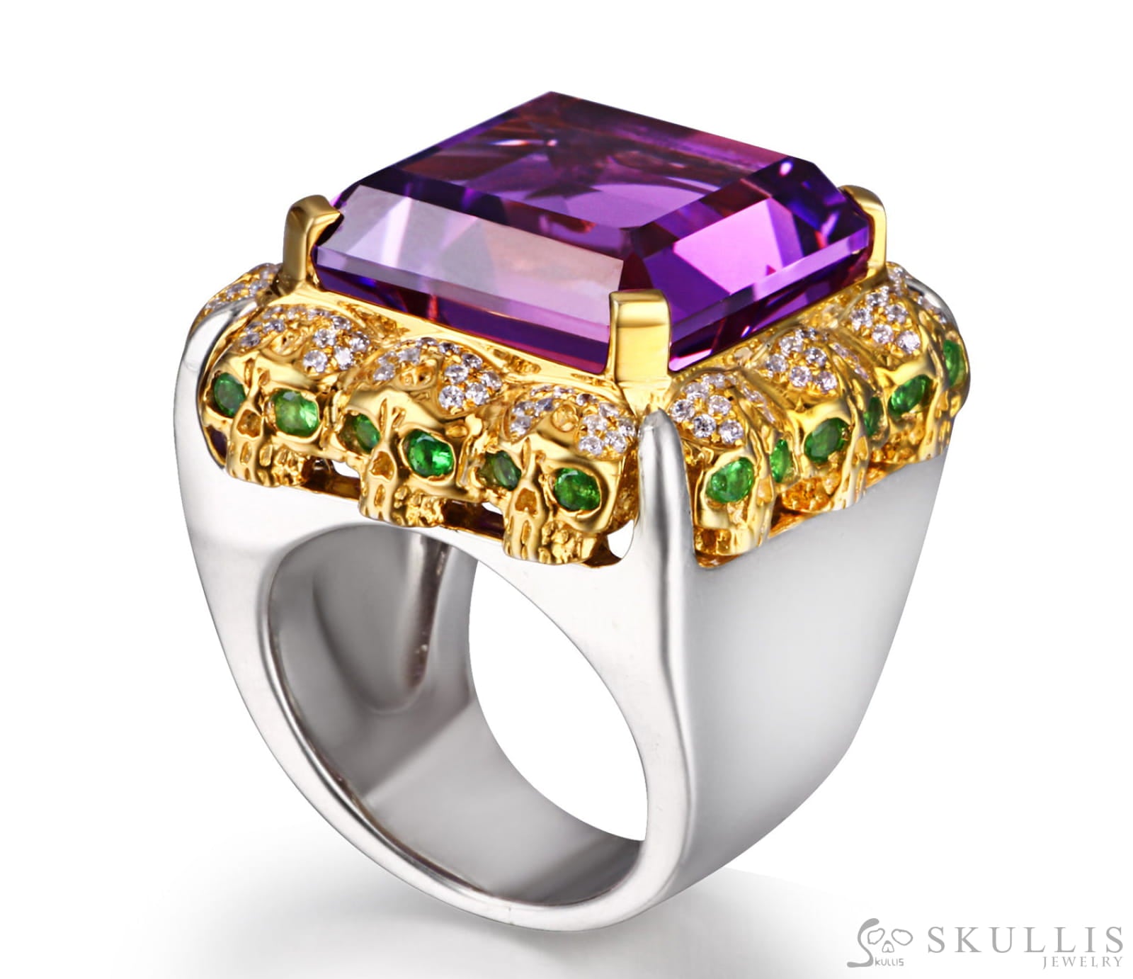 Square of Fate - Gem Skull Ring of Amethyst Carved with Skull Diamond Skulls in 925 Sterling Silver - Skull Rings