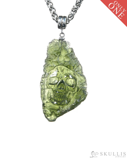Rare Gem Skull Pendant Necklace of Moldavite Crystal Carved Skull 925 Sterling Silver - 9500374 Skull Pendants