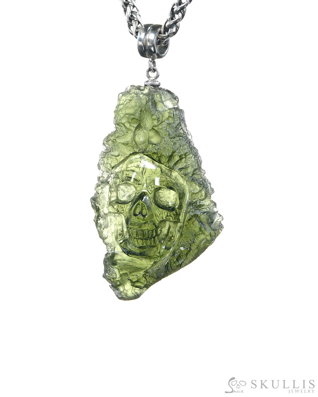 Rare Gem Skull Pendant Necklace of Moldavite Crystal Carved Skull 925 Sterling Silver - 9500374 Skull Pendants