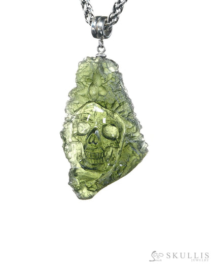 Rare Gem Skull Pendant Necklace of Moldavite Crystal Carved Skull 925 Sterling Silver - 9500374 Skull Pendants