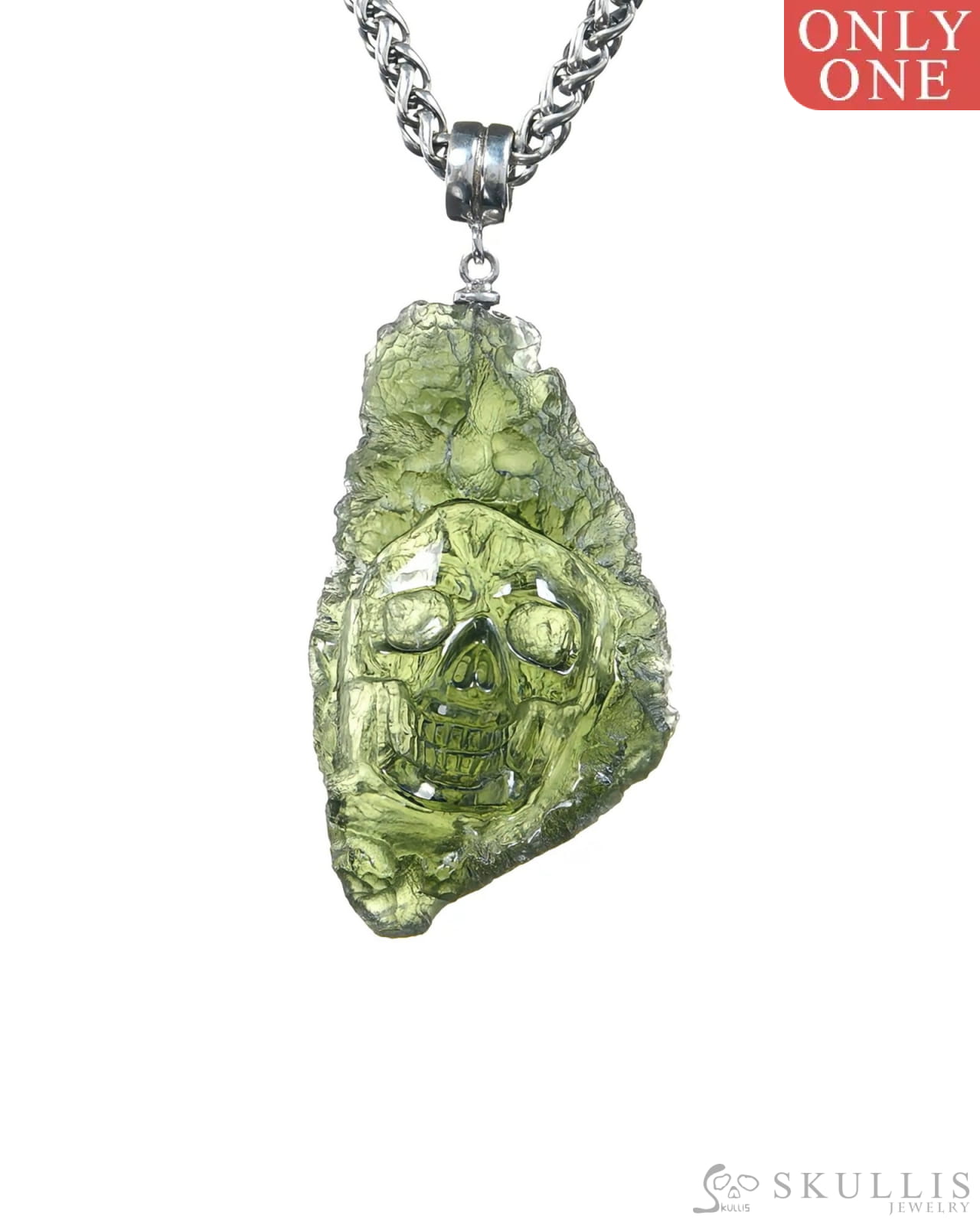 Rare Gem Skull Pendant Necklace of Moldavite Crystal Carved Skull 925 Sterling Silver - 9500374 Skull Pendants