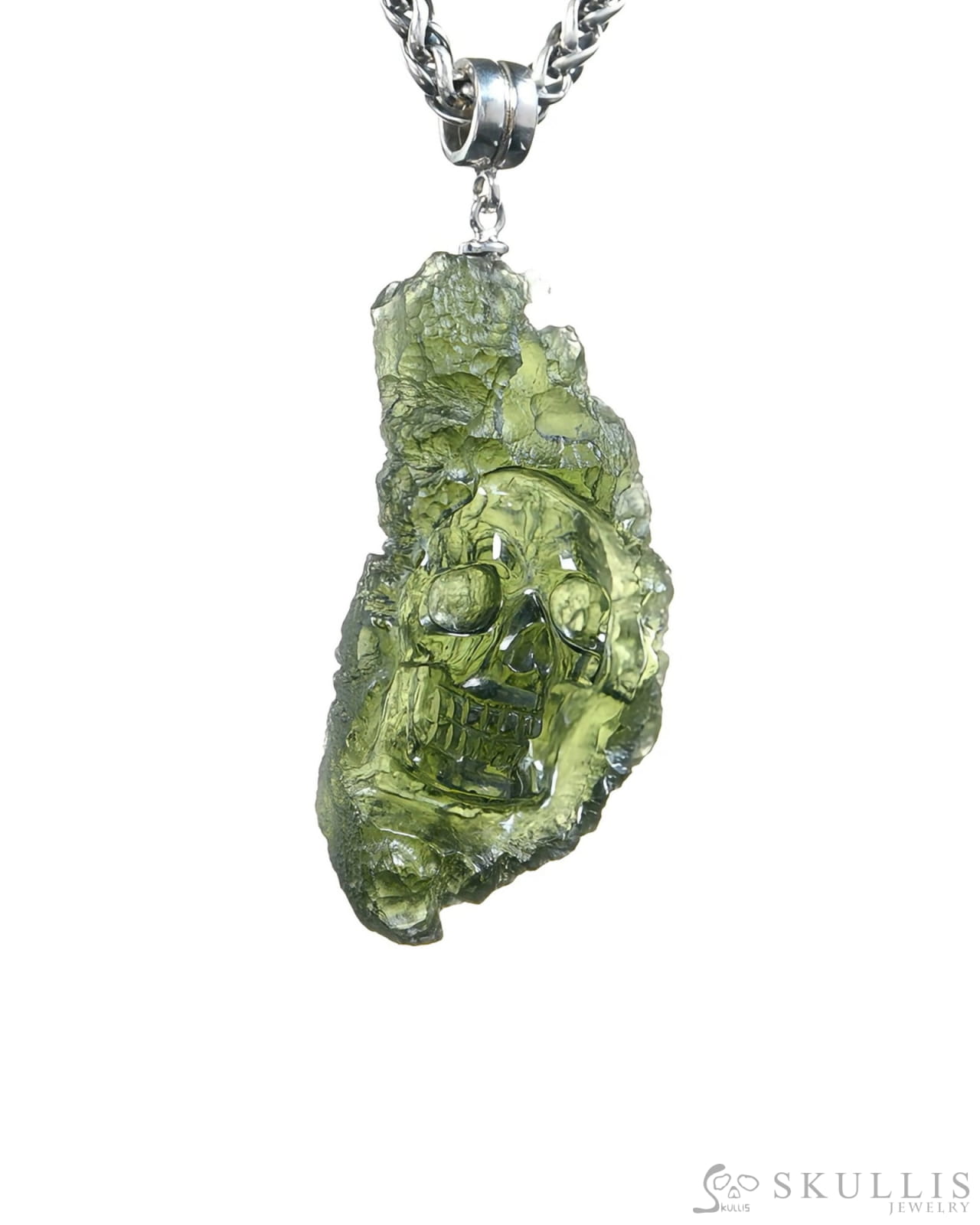 Rare Gem Skull Pendant Necklace of Moldavite Crystal Carved Skull 925 Sterling Silver - 9500374 Skull Pendants