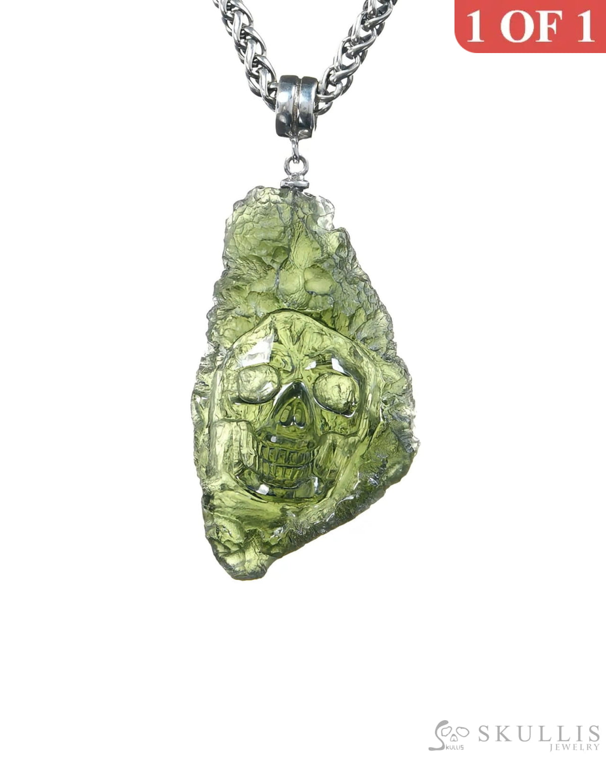 Rare Gem Skull Pendant Necklace of Moldavite Crystal Carved Skull 925 Sterling Silver - 9500374 Skull Pendants
