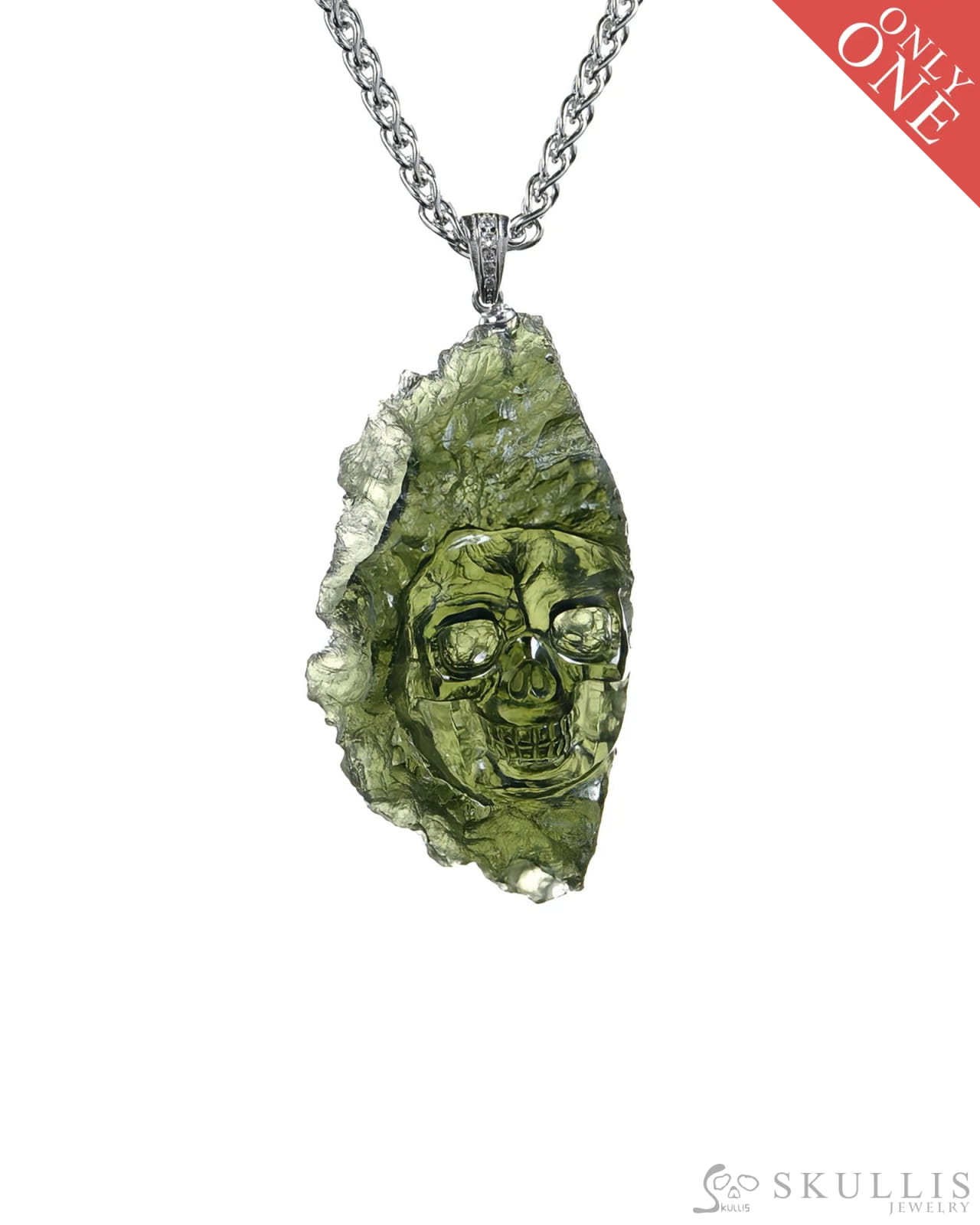 Rare Gem Skull Pendant Necklace of Moldavite Crystal Carved Skull 925 Sterling Silver - 9500376 Skull Pendants