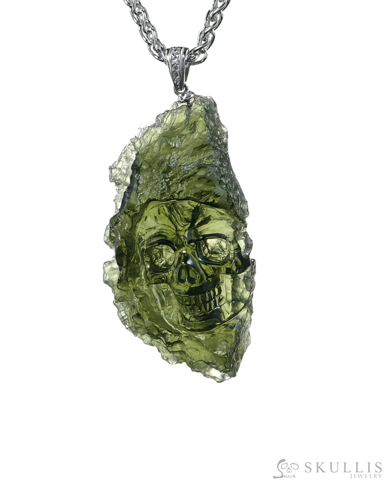 Rare Gem Skull Pendant Necklace of Moldavite Crystal Carved Skull 925 Sterling Silver - 9500376 Skull Pendants