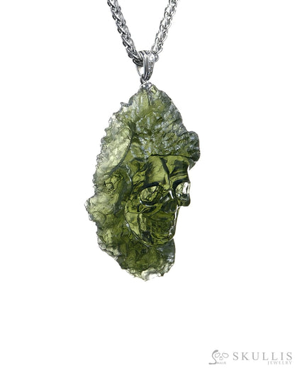 Rare Gem Skull Pendant Necklace of Moldavite Crystal Carved Skull 925 Sterling Silver - 9500376 Skull Pendants