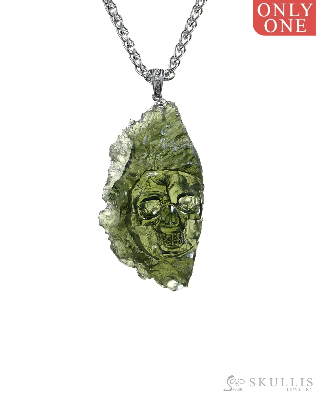 Rare Gem Skull Pendant Necklace of Moldavite Crystal Carved Skull 925 Sterling Silver - 9500376 Skull Pendants